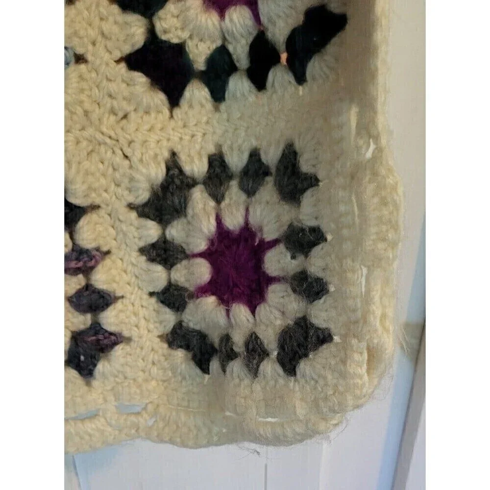 Granny Square Crochet Multicolor Cream Vintage Afghan Blanket